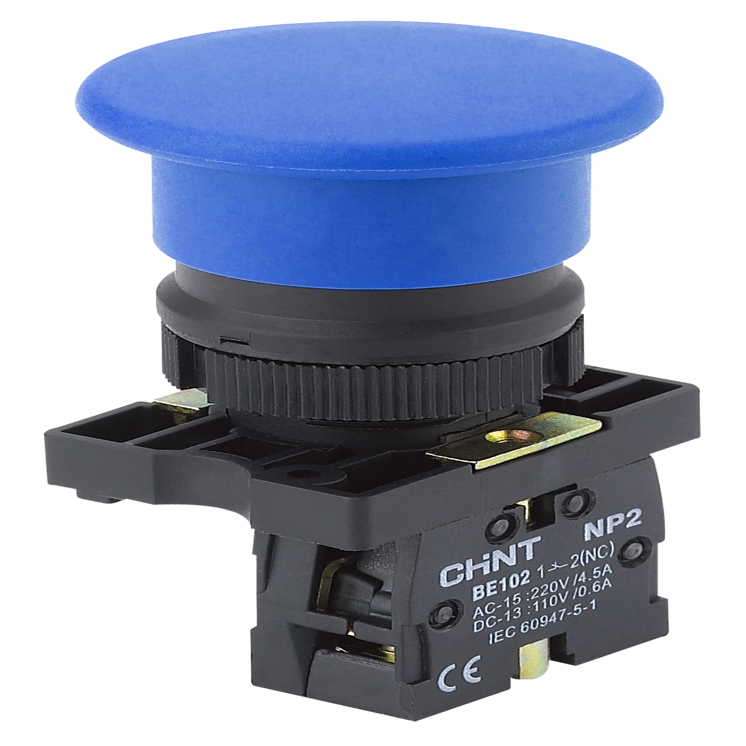 Кнопка управления "Грибок" Φ40мм самовозв. NP2-EC52 без подсветки, синяя 1НЗ, IP40 (R)