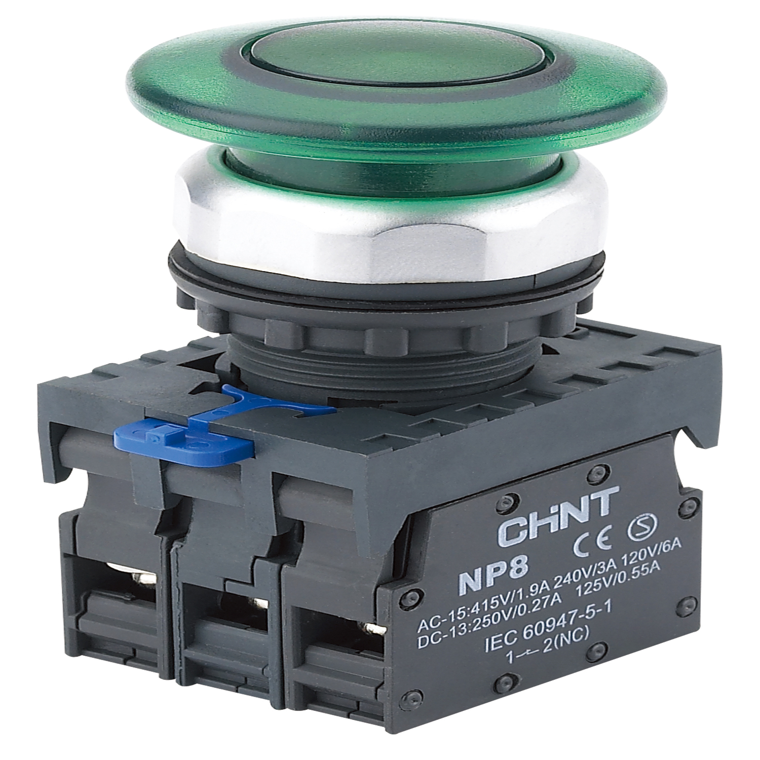 Кнопка упр. "Грибок" Φ40мм NP8-10MD/13 подсвет., самовозв., зелен., AC110-230В, 1НО, IP65 (R)