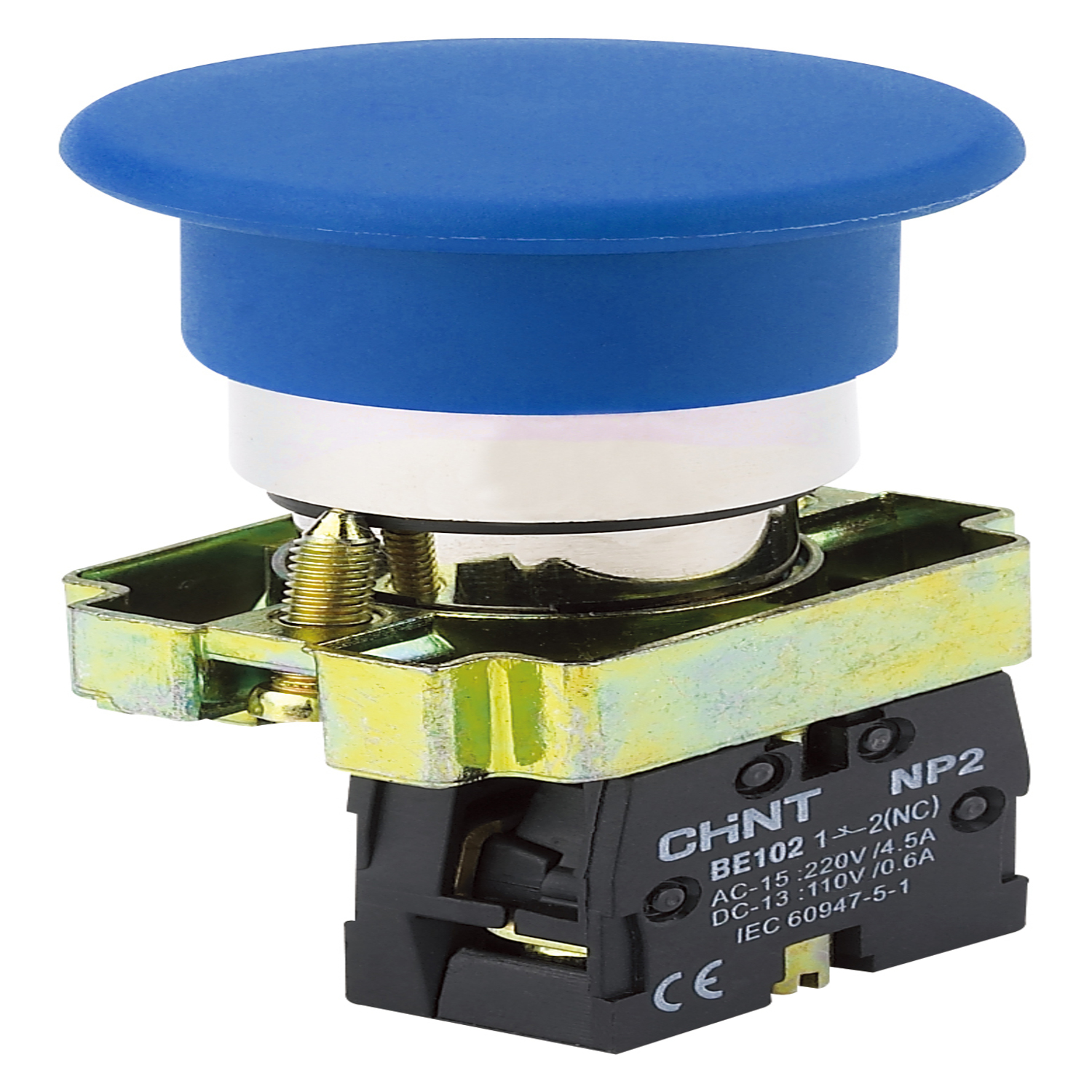 Кнопка управления "Грибок" Φ40мм самовозв. NP2-BC62 без подсветки, синяя 1НЗ, IP40 (R)