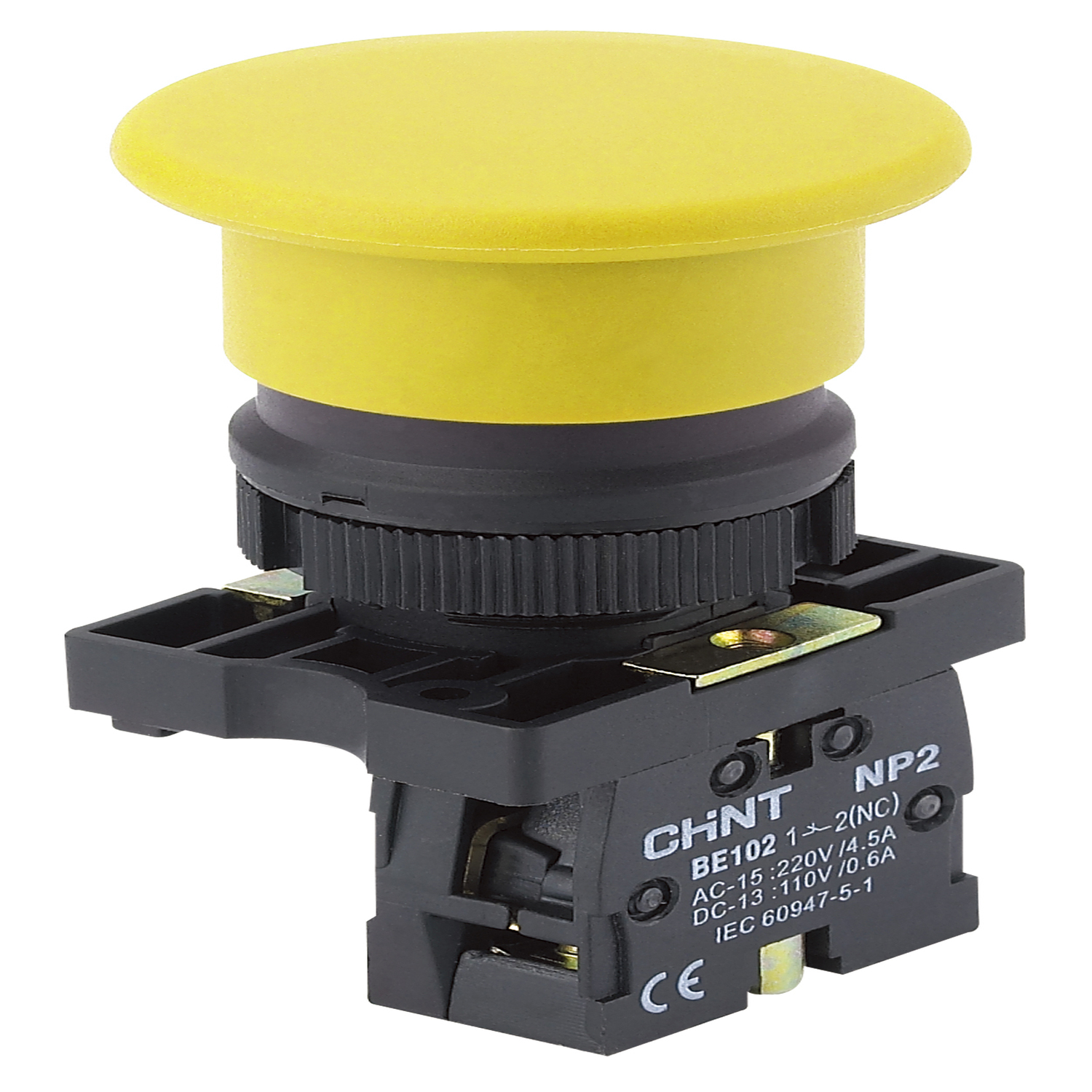 Кнопка управления "Грибок" Φ40мм самовозв. NP2-EC52 без подсветки, желтая 1НЗ, IP40 (R)